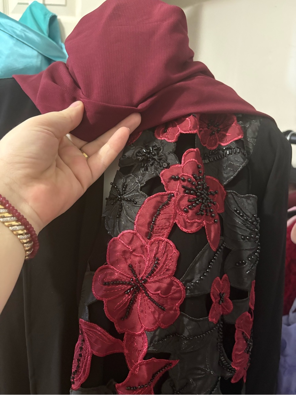 Dubai luxury Black Dress with Burgundy Floral handmade abaya new never worn